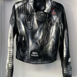 Salvage Metallic Black Leather Jacket with Patches